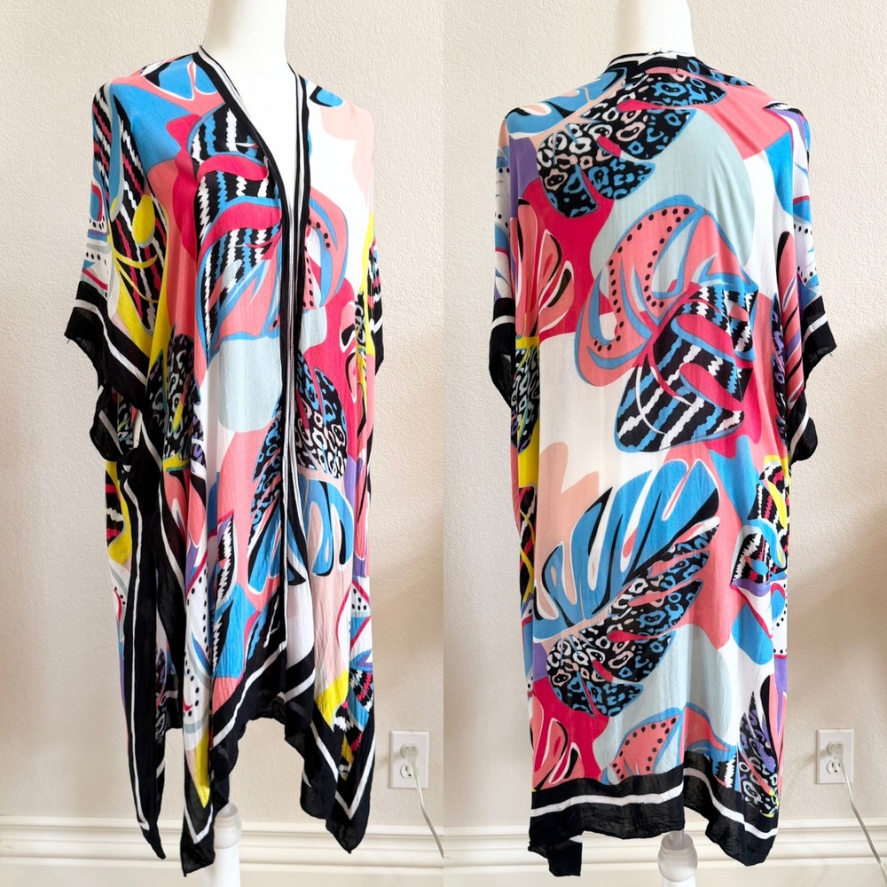 Rachel Rachel Roy Abstract Vibrant Tropical Kimono Cover Up Layering Piece Sz OS